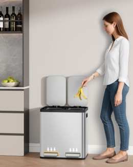 Mülleimer Küche, Mülltrennsystem 2 Fächer 30L (2 x 15 L), Edelstahl-küchenmülleimer, Tretmülleimer mit Farbcodierbaren Pedalen, Abfalleimer Ruhiger Langsamer Abstieg, Silber