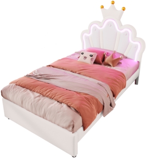 Polsterbett 90x200 cm, PU-Polster, verstellbares Kopfteil, 16‑farbiges LED-Ambientelicht & 2 Schubladen, Krönchen-Design, Weiß