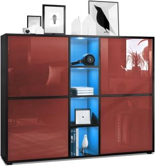 Vladon Highboard Cuba V3, Schwarz matt/Bordeaux Hochglanz inkl. LED - Moderne Anrichte mit 12 Fächern (130,5 x 105,5 x 35,5 cm)