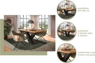 Ausziehbarer Esstisch (B/H/T): 150-190x76x80 in Artisan Nachbildung und grau Nachbildung mit Säulen-Fußgestell