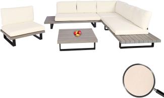 Garten-Garnitur mit Sessel HWC-H54, Lounge-Set Sofa, Spun Poly Akazie Holz MVG Aluminium ~ grau, Polster cremeweiß