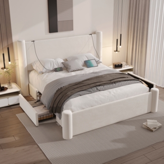 LVHOM Polsterbett 160x200cm Bettgestell, Doppelbett/Stauraumbett/Funktionsbett, Samt, dick gepolstertem Kopfteil, 2 praktischen Stauraumschubladen, integrierten USB-Anschlüssen