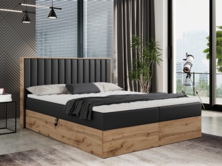 Boxspringbett mit dekorativem Kopfteil und zwei Bettkästen, Eiche Holzrahmen - ALBERO 4 - 120x200 cm - Schwarz Kunstleder - H4