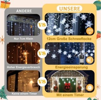 Rosnek LED-Lichterkette 31V, Schneeflocke, Speicherfunktion, für Fenster Veranda Weihnachten, 94-flammig, 8 Modi, Timer, für Hochzeit Urlaub Garten Party Deko