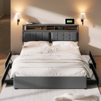Merax Polsterbett 160x200cm, Doppelbett mit 4 Schubladen& USB C Steckdose, Höhenverstellbarem Kopfteil, Lattenrost aus Holz(Ohne Matratze) , Grau