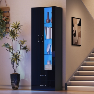 Schlanker Hochschrank schwarz mit Acryltür und Schubladen, hoher Stauraum für Wohnzimmer, Schlafzimmer oder Büro
