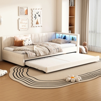 Merax Daybett LED Polsterbett Schlafsofa 90x200cm & Ausziehbett 90x190cm & Aufladen, beige