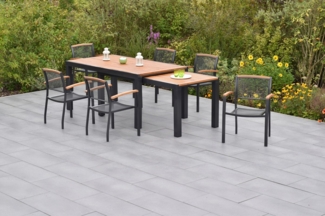 MERXX Garten-Essgruppe »Tilos«, (Set, 7-tlg, flexibel aufstellbar, Armlehnen und Rückenabschluss aus Akazienholz), 2 Tische, LxB: 180x100 + 180x83 cm