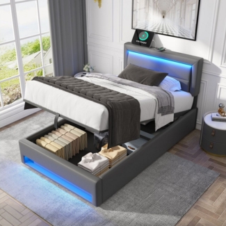 HAUSS SPOLE Polsterbett 90x190 cm, mit USB-Anschluss, LED-Beleuchtung und Stauraum, Grau