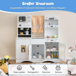 Kinderküche mit Kochzubehör Spielküche Holz mit Mikrowelle 102 x 35 x 110 cm Weiß
