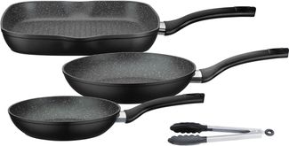 GSW Topf-Set Gourmet Granit, Aluminiumguss (Set, 5-tlg, 1 Bräter, 1 Grillpfanne Ø 28cm, je 1 Bratpfanne Ø 20/24cm, 1 Kochzange), Induktion
