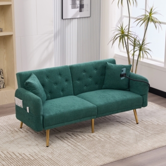 LVHOM 2 Sitzer Sofa mit Schlaffunktion, Klappsofa mit USB-Ladeanschluss & Handyhalter, Schlafsofa mit verstellbarer Rückenlehne & Armlehnen, Grün