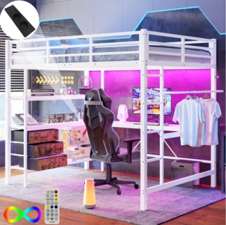 HAUSS SPOLE Hochbett 140x200 cm mit Ambientelicht, Schreibtisch, Steckdose+USB, Weiß (Hochbett 140x200 cm mit Ambientelicht, Schreibtisch, USB-Steckdose, 3 Schubladen & Regale, Geländer und Treppe, ideal für Jugendzimmer und kleine Apartments – Ohne Mat...