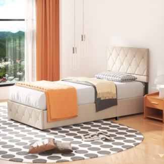 Polsterbett Stauraumbett Funktionsbett 90x200 cm Ausgezeichnete Atmungsaktivität, Strapazierfähig und schmutzabweisend,Beige