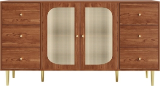 Flieks Kommode (1 St, 160x40x90 cm), Sideboard mit 2 Rattantür und 6 Schublade Wohnzimmer Walnussfarbe