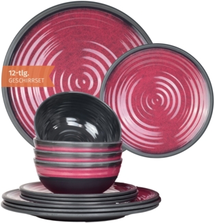 Moritz Camping Tafelgeschirr aus Melamin für 4 Personen 12-teilig | spülmaschinenfest | Picknick Geschirrset | Geschirr Campinggeschirr I Stone Red Design
