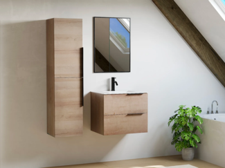 Vente-unique - Hängender Badezimmerunterschrank mit Einbauwaschbecken und Hochschrank - Heller Naturton - 60 cm - NISAYA