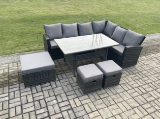 Fimous 9 Sitzer Garten Rattanmöbel Ecksofa Esstisch Sessel Set mit 2 kleine Fußhockern