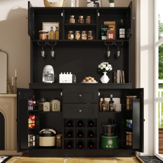 Merax Küchenschrank mit verstellbaren Ablagen & Weinregal, Hochschrank Küchenbuffet mit 4 Türen & 2 Schubladen, Sideboard für Küche & Wohnzimmer, Buffetschrank, Schwarz