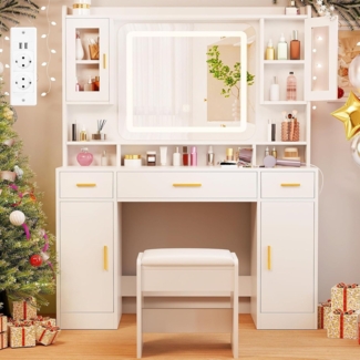 Großer Schminktisch mit Spiegel Beleuchtung Steckdose Weiß 150x100x40cm