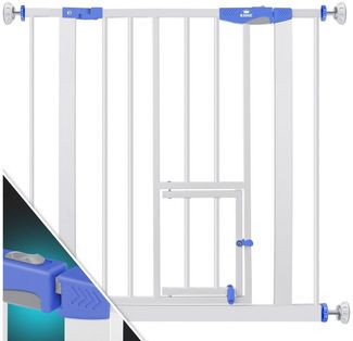 KIDIZ® Absperrgitter zum Klemmen mit Katzenklappe, Türschutzgitter, Autoclose Kinder Treppengitter ohne Bohren | 90° Stopp Schutz, schwenkbar, Treppenschutzgitter Blau, 74 - 80 cm