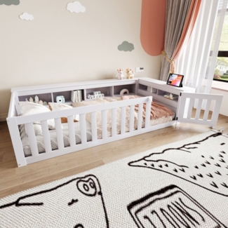 Merax Kinderbett (Kieferholz Jugendbett Babybett, 1-tlg), Bodenbett 90x200cm mit Sicherheitsgitter Tür Ablagefächern Lattenrost