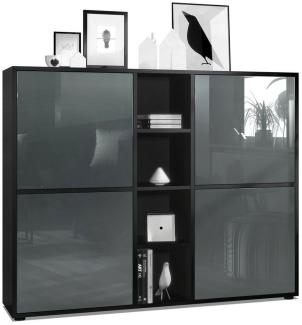 Vladon Highboard Cuba V3, Schwarz matt/Grau Hochglanz - Moderne Anrichte mit 12 Fächern (130,5 x 105,5 x 35,5 cm)