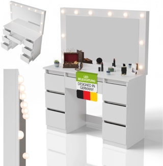 Juskys Schminktisch Lilia mit LED-Beleuchtung & Spiegel, 7 Schubladen, stufenlos dimmbar, 3 Farbtemperaturen, Stauraum, elegantes Design – Weiß