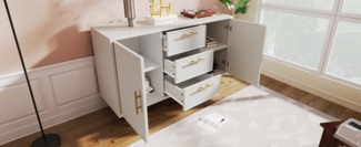 Kommode 120x40x75 cm, 2 Türen & 3 Schubladen, höhenverstellbarer Einlegeboden, Metallfuß, Weiß