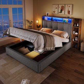 Merax Polsterbett, Einzelbett 90x200 cm, Mit USB Typ-C Ladefunktion, Multifunktionale Aufbewahrung, LED-Beleuchtung, Drucktaste/Appdienung, Leinen, Grau