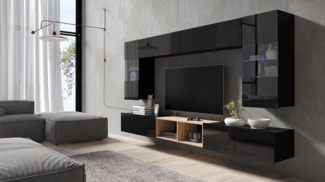 99rooms Bietula Wohnwand XI Schwarz Hochglanz Artisan Eiche Melamin ohne LED-Beleuchtung