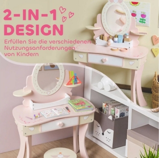 BlingBin Schminktisch Kinder, Schminktisch-Set mit Hocker, Schublade, abnehmbarem Spiegel (1er Set, 2-St, 59,8cm x 29,6cm x 89,8cm), 2-in-1-Kosmetiktisch für Kinder ab 3 Jahre