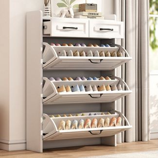 REDOM Schuhregal Schuhschrank Aufbewahrungsschrank, mit drehbarem Schuhschrank 1-tlg, aus Holz, 2 Schubladen, 3 umklappbare Schuhregale, Metallgriff