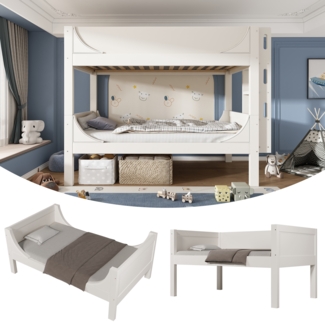 Merax Trennbares Etagenbett 90x200cm mit Flexibel am Kopf-/Fußende montierbarer Leiter, Schlittenform-Design, Aus 1 Bett werden 2 Einzelbetten, Weiß, (Ohne Matratze)