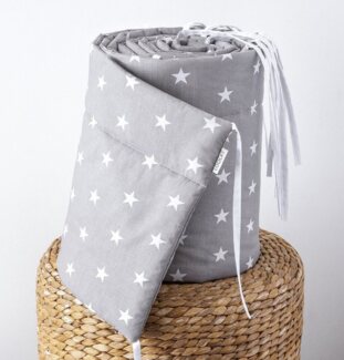 Loolay Bettnestchen GRAU WEIß Baumwolle BETTUMRANDUNG Babybett 420, 360, 210, 180 x 30cm, (Babyausstattung Babynest Kopfschutz Kantenschutz Baby, 100% Baumwolle Babybett Bettschutzgitter Umrandung), LOOLAY® - 100% Europäische Stoffe und Kleinserien-Nähen!