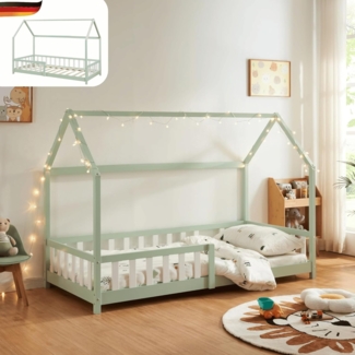 DELUKE® Kinderbett 90x200 OKLA - mit Lattenrost Rausfallschutz Haus-OptikEinzelbett aus Holz Hausbett Kinderzimmer Montessori Bett Mintgrün
