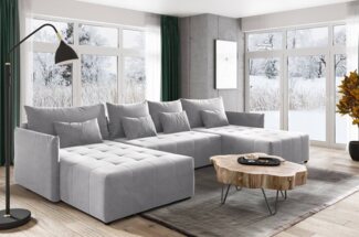 Wohnlandschaft Leno U mit Schlaffunktion - U-Form Couch, Ecksofa mit Bettkasten, Couchgranitur mit Bettfunktion, Schlafsofa, Big Sofa - Velours Stoff (Grau (Paros 05))