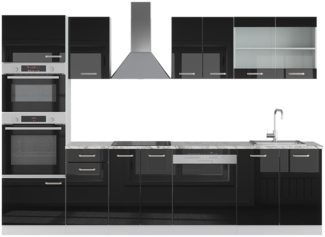 Küchenzeile R-Line Schwarz Hochglanz 300 cm mit Hochschrank, AP Marmor Vicco
