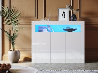 SONNI Kommode Kommode Weiss 116cm x 93cm x 35cm wohnzimmer mit LED, Kommodenschrank, Sideboard für Küche, Hochglanz