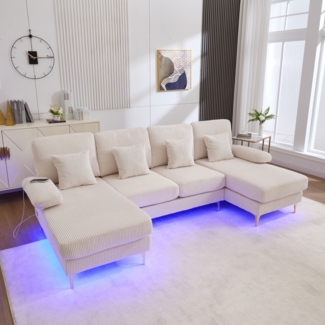 LVHOM U-Form Ecksofa mit Schlaffunktion & LED-Beleuchtung, Wohnzimmersofa mit USB-Anschluss, Cord Stoff Couch Sofa
