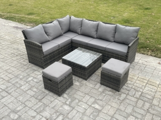 Fimous 8 Sitzer Rattan Gartenmöbel Set Ecksofa Set aus Polyrattan mit Quadratischer Couchtisch 2 kleine Fußhockern Dunkelgrau gemischt