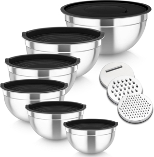 TEAMFAR Edelstahl Rührschüssel Set mit Deckel, 3 Reibeaufsätzen, Schwarz, 6er