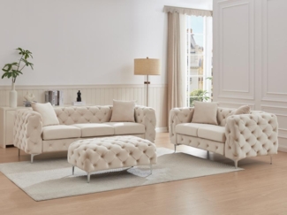 Vente-unique - Chesterfield-Sofa 3-Sitzer, 2-Sitzer & Chesterfield-Hocker - Samt - Beige - EDWINA