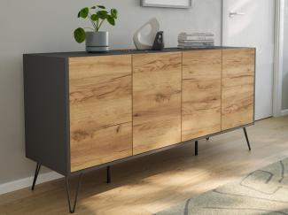 Raumwunder XL Sideboard Kommode Maxim 155cm stehend 4 Türen Grafit/Eiche Front : Oak Gold / Grafit