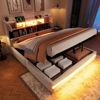 Polsterbett mit LED-Beleuchtung und Stauraum, 160x200 cm, USB/Type-C Anschlüsse, gepolsterter Kopfteil, Doppelbett, Stauraumbett, Leinen