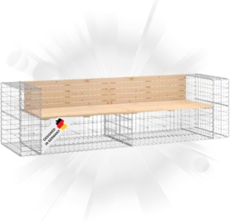 DELUKE® Gartenbank Gabionen INO aus Stahl 244x71x65,5cm Kiefernholz Natur Gabionenbank Gartenbank mit Sitzfläche aus Gabionen Steinkorb Gabionengitter Ziergabione Drahtkorb befüllbar