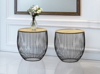 Couchttisch 2 teilig Korbtisch Metall Schwarz mit Tischplatte Gold, Höhe 42cm