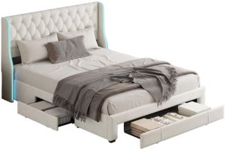 FUROKOY Stauraumbett Polsterbett Doppelbett mit 3 Schubladen (Set, 1-tlg, Bettgestell mit Metallrahmen und Lattenrost), Jugendbett mit LED-Beleuchtung Kopfteil, 140x200 cm, Samt, Beige