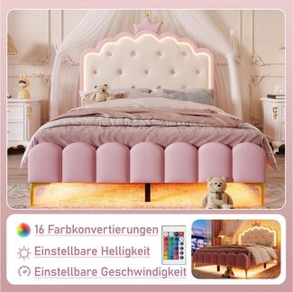 STILVORA Polsterbett mit Lattenrost,Prinzessinnen Polsterbett 140x200 ohne matratze (Prinzessinnen Polsterbett,mit Lattenrost, Rosa mit LED Ambiente-Licht, Fernbedienung, Kronprinzen-Design, Metallfüße, 140 x 200 cm), ohne Matratze
