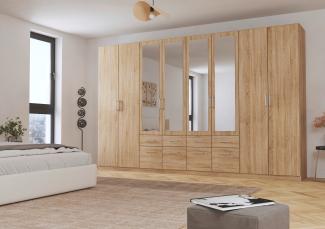 rauch Kleiderschrank, Drehtürenschrank BINGEN, 8-türig, 4 Spiegeltüren teilaufgelegt, 8 Schubkästen, Eiche Sonoma, 360 x 229 x 54 cm